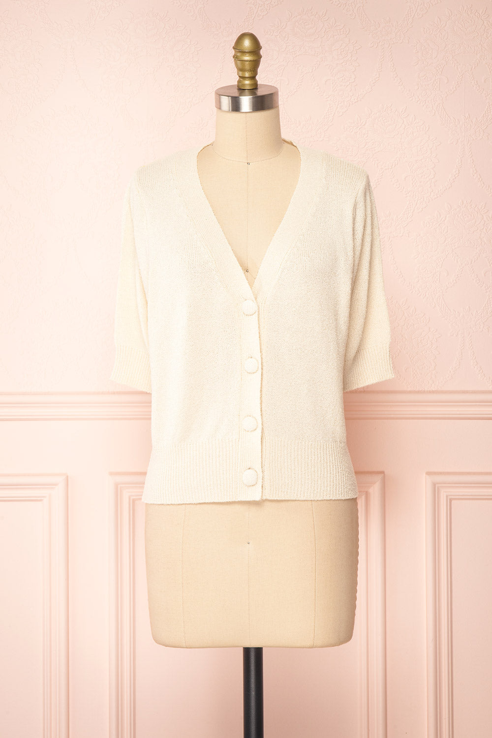 Tansy Cream Ribbed Knit Button-Up Top | Boutique 1861 front view 