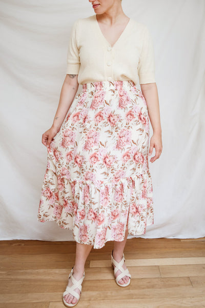 Nezira Beige Floral Print Midi Skirt w/ Ruffles | Boutique 1861 model