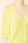 Tansy Green Ribbed Knit Button-Up Top | Boutique 1861 side close-up