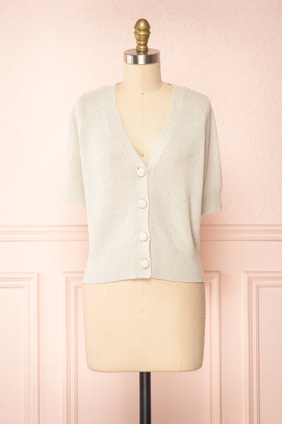 Tansy Grey Ribbed Knit Button-Up Top | Boutique 1861 front view