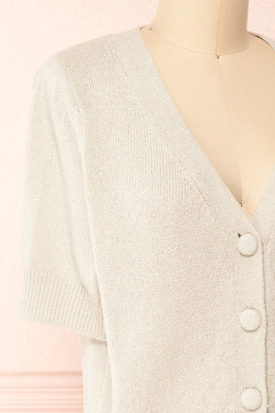Tansy Grey Ribbed Knit Button-Up Top | Boutique 1861 side close-up