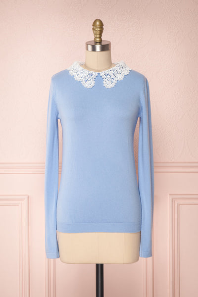 Tapairu Light Blue Knit Top with Lace Collar | Boutique 1861