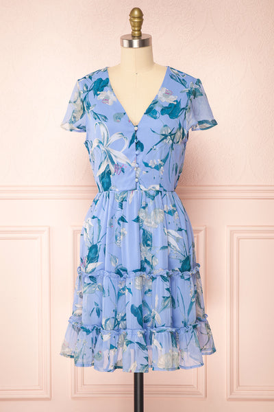 Taya Floral Blue Tiered Short Dress w/ Buttons | Boutique 1861 front view