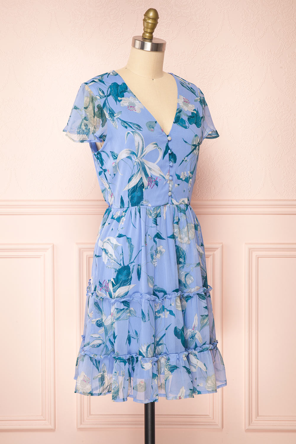 Taya Floral Blue Tiered Short Dress w/ Buttons | Boutique 1861 side view 