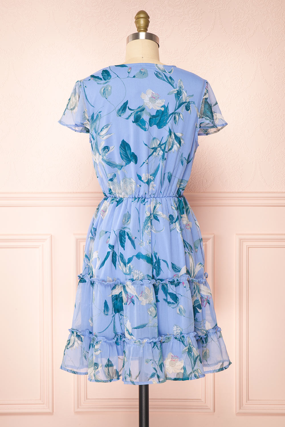 Taya Floral Blue Tiered Short Dress w/ Buttons | Boutique 1861 back view 