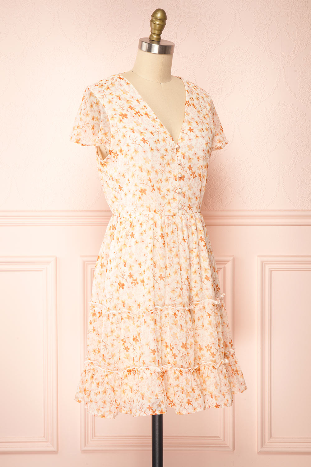 Taya Floral Cream Tiered Short Dress w/ Buttons | Boutique 1861 side view 