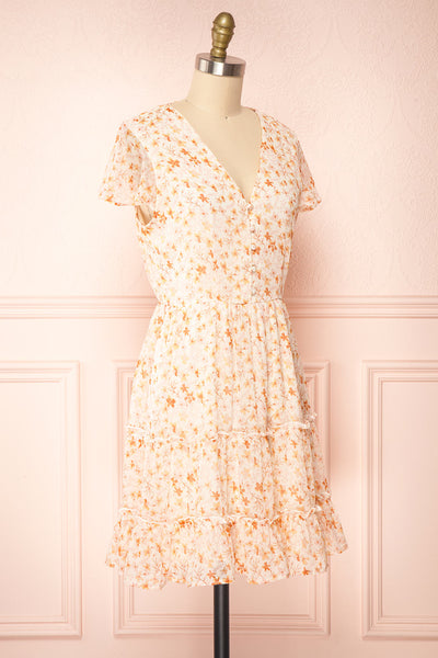 Taya Floral Cream Tiered Short Dress w/ Buttons | Boutique 1861 side view