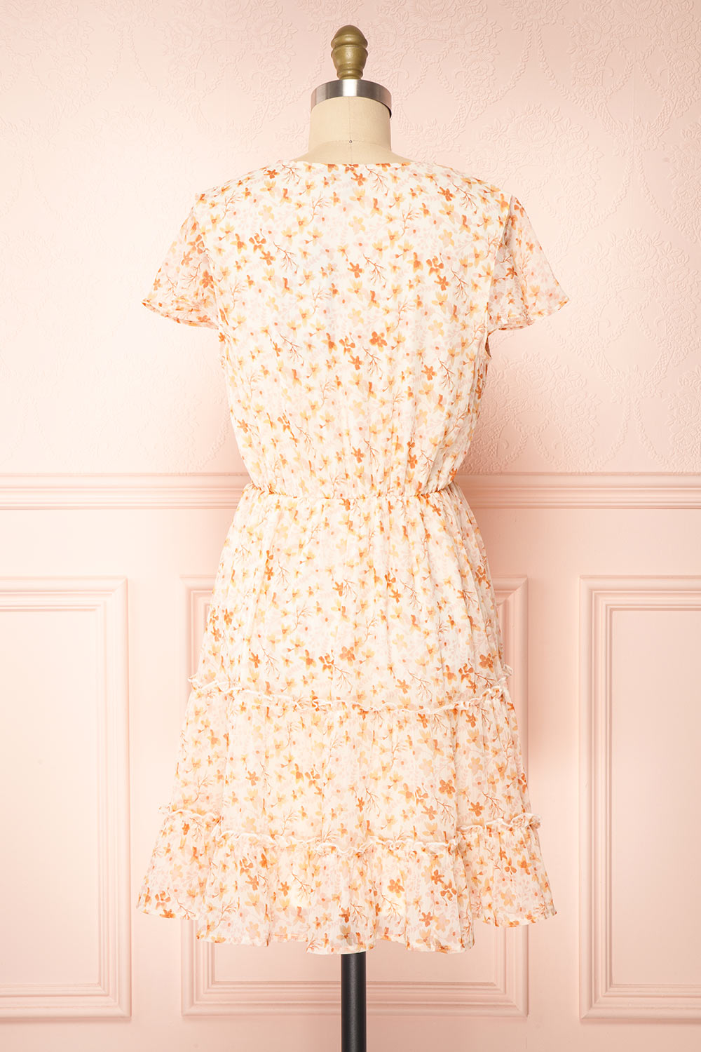 Taya Floral Cream Tiered Short Dress w/ Buttons | Boutique 1861 back view 