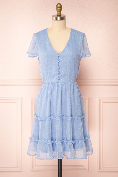 Taya Polka Dot Blue Tiered Short Dress w/ Buttons | Boutique 1861 front view