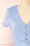 Taya Polka Dot Blue Tiered Short Dress w/ Buttons | Boutique 1861 front close-up