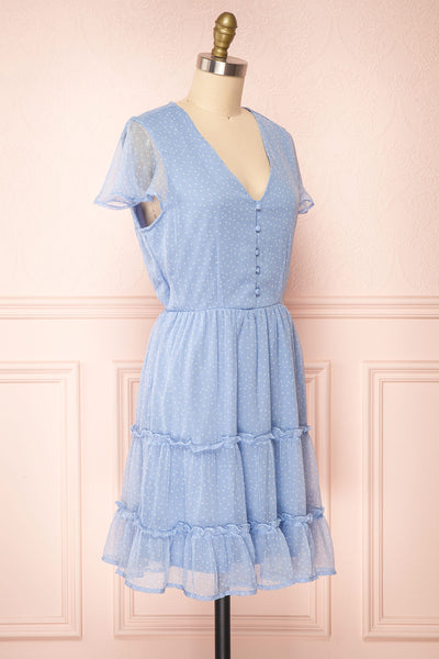 Taya Polka Dot Blue Tiered Short Dress w/ Buttons | Boutique 1861 side view