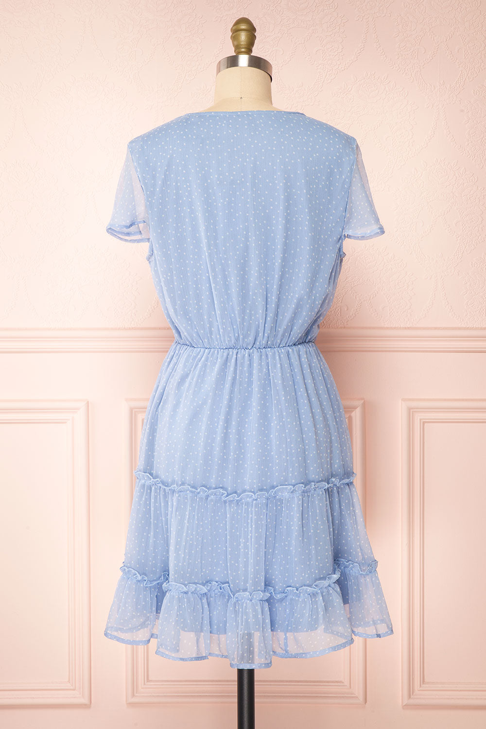 Taya Polka Dot Blue Tiered Short Dress w/ Buttons | Boutique 1861 back view 