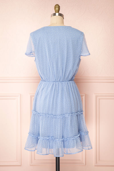Taya Polka Dot Blue Tiered Short Dress w/ Buttons | Boutique 1861 back view
