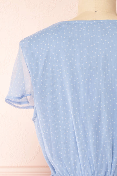 Taya Polka Dot Blue Tiered Short Dress w/ Buttons | Boutique 1861 back close-up