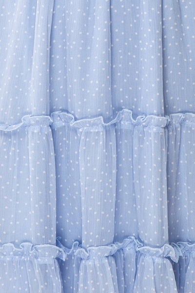 Taya Polka Dot Blue Tiered Short Dress w/ Buttons | Boutique 1861 fabric