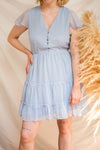 Taya Polka Dot Blue Tiered Short Dress w/ Buttons | Boutique 1861 model