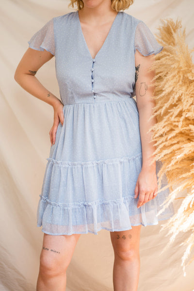 Taya Polka Dot Blue Tiered Short Dress w/ Buttons | Boutique 1861 model