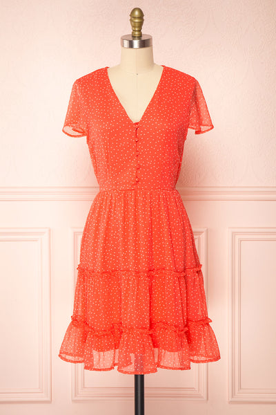 Taya Polka Dot Red Tiered Short Dress w/ Buttons | Boutique 1861 front view