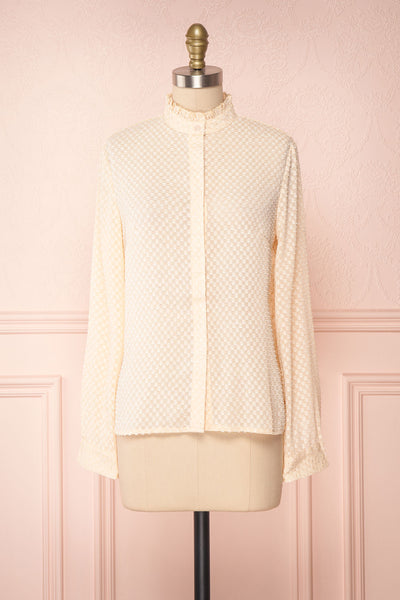 Tayce Pink Beige Shirt with Stand Collar and Plumetis | Boutique 1861 front view