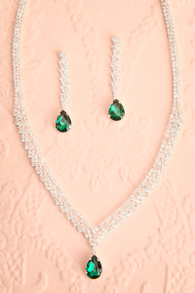 Tempest Emerald Crystal Earrings & Necklace Set | Boutique 1861 flat view