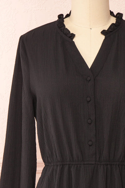 Tenzi Black Long Sleeve Short Dress w/ Buttons | Boutique 1861 front close-up