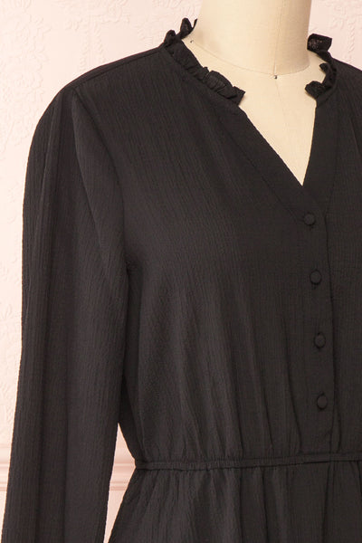 Tenzi Black Long Sleeve Short Dress w/ Buttons | Boutique 1861 side close-up