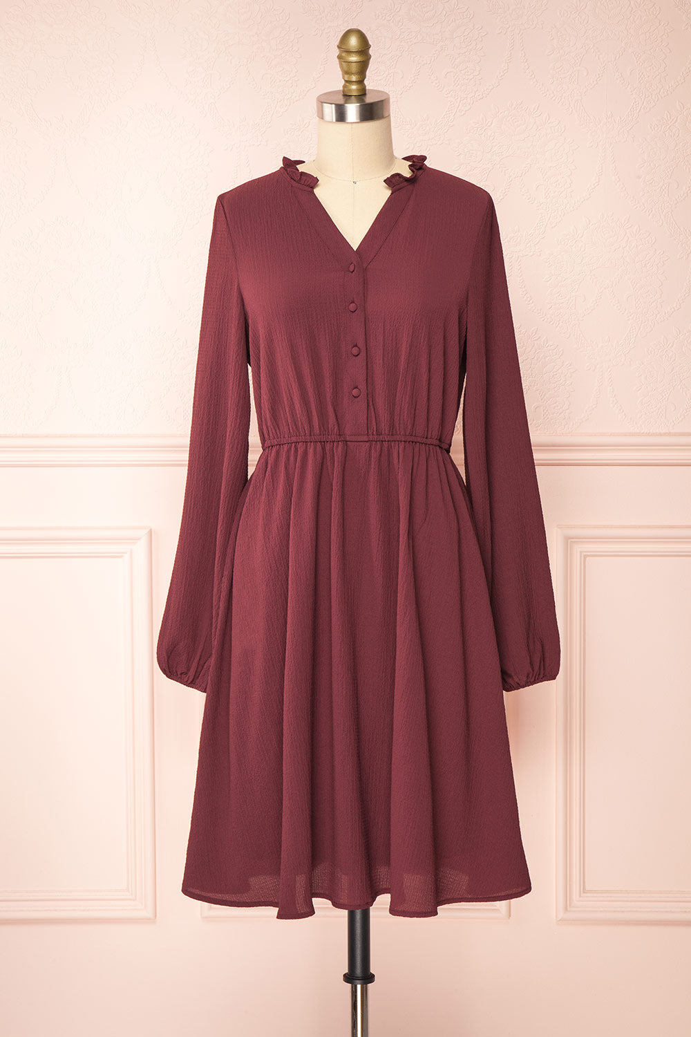 Tenzi Burgundy Long Sleeve Short Dress w/ Buttons | Boutique 1861 front view