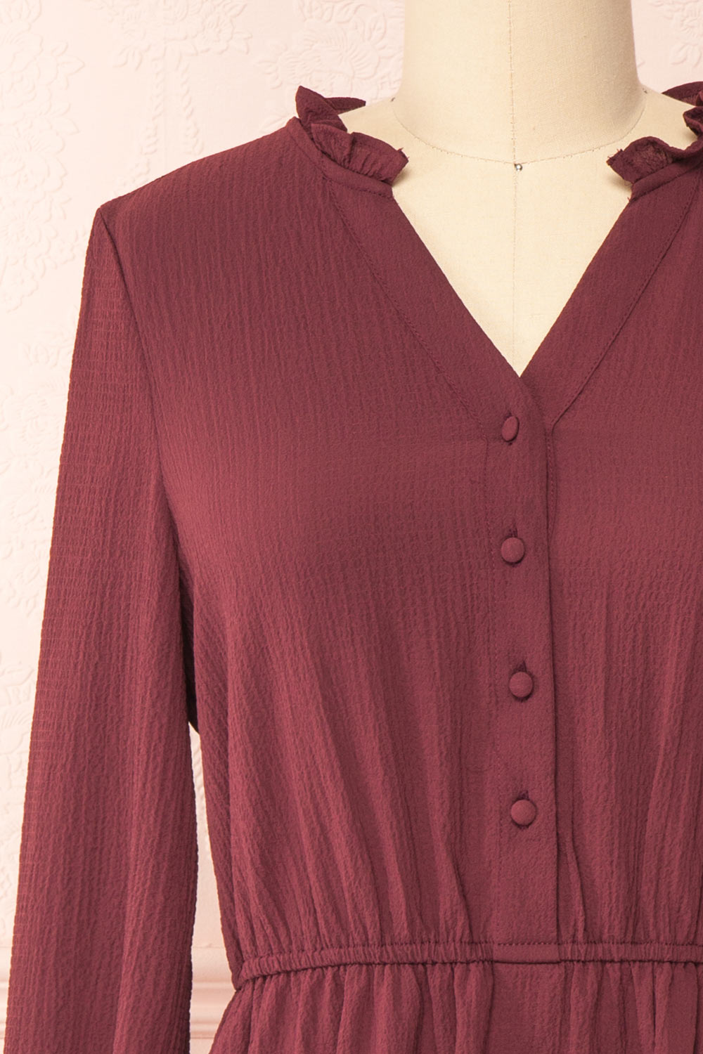 Tenzi Burgundy Long Sleeve Short Dress w/ Buttons | Boutique 1861 front close-up