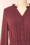 Tenzi Burgundy Long Sleeve Short Dress w/ Buttons | Boutique 1861 front close-up