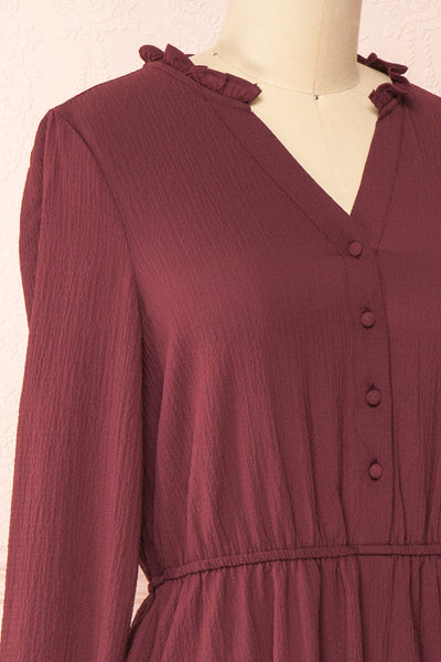 Tenzi Burgundy Long Sleeve Short Dress w/ Buttons | Boutique 1861 side close-up
