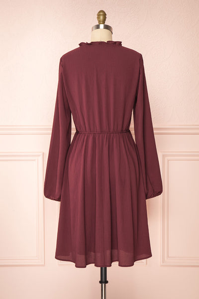 Tenzi Burgundy Long Sleeve Short Dress w/ Buttons | Boutique 1861 back view