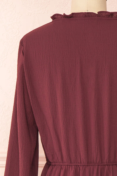 Tenzi Burgundy Long Sleeve Short Dress w/ Buttons | Boutique 1861 back close-up