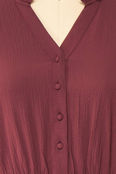 Tenzi Burgundy Long Sleeve Short Dress w/ Buttons | Boutique 1861 fabric