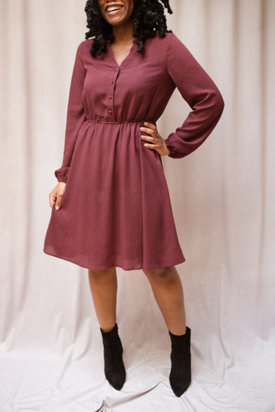 Tenzi Burgundy Long Sleeve Short Dress w/ Buttons | Boutique 1861 model