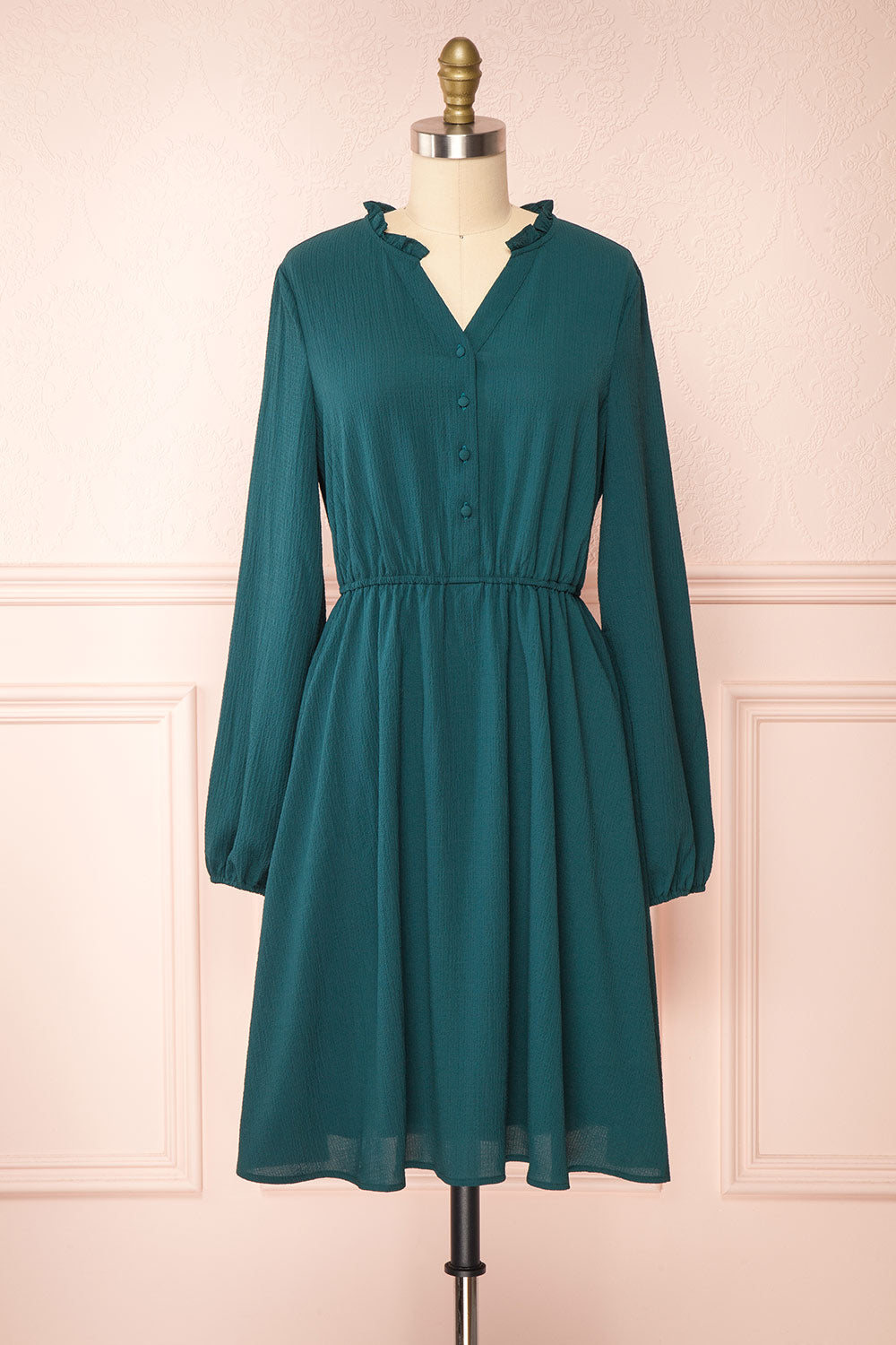 Tenzi Green Long Sleeve Short Dress w/ Buttons | Boutique 1861 front view