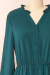Tenzi Green Long Sleeve Short Dress w/ Buttons | Boutique 1861 front close-up