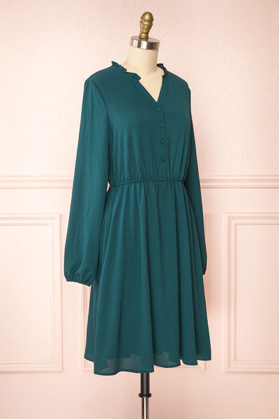Tenzi Green Long Sleeve Short Dress w/ Buttons | Boutique 1861 side view