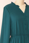 Tenzi Green Long Sleeve Short Dress w/ Buttons | Boutique 1861 side close-up