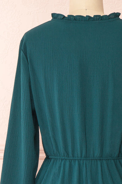Tenzi Green Long Sleeve Short Dress w/ Buttons | Boutique 1861 back close-up