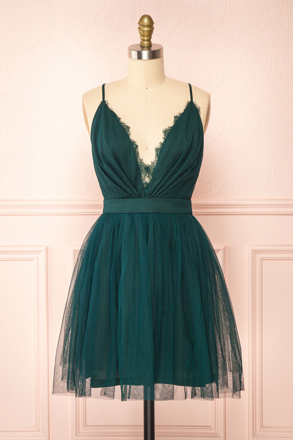 Tessa Emerald Short Tulle Dress w/ Plunging Neckline | Boutique 1861  front view
