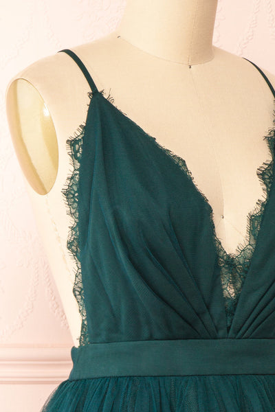 Tessa Emerald Short Tulle Dress w/ Plunging Neckline | Boutique 1861 side close-up