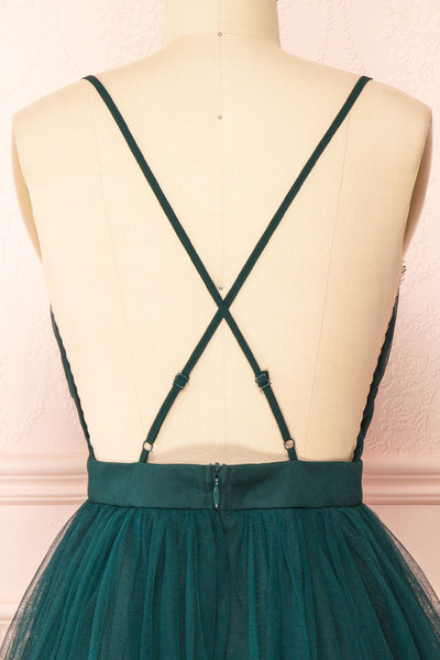 Tessa Emerald Short Tulle Dress w/ Plunging Neckline | Boutique 1861  back close-up