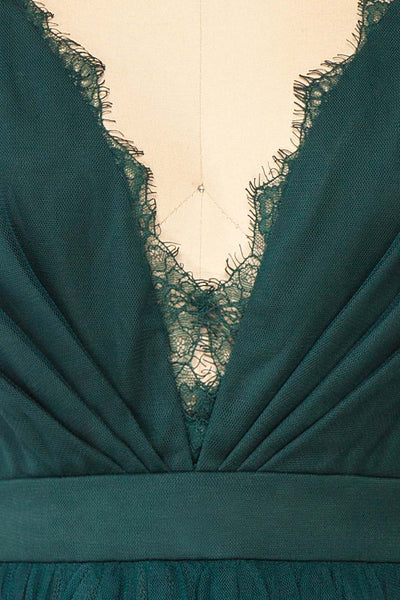 Tessa Emerald Short Tulle Dress w/ Plunging Neckline | Boutique 1861 fabric