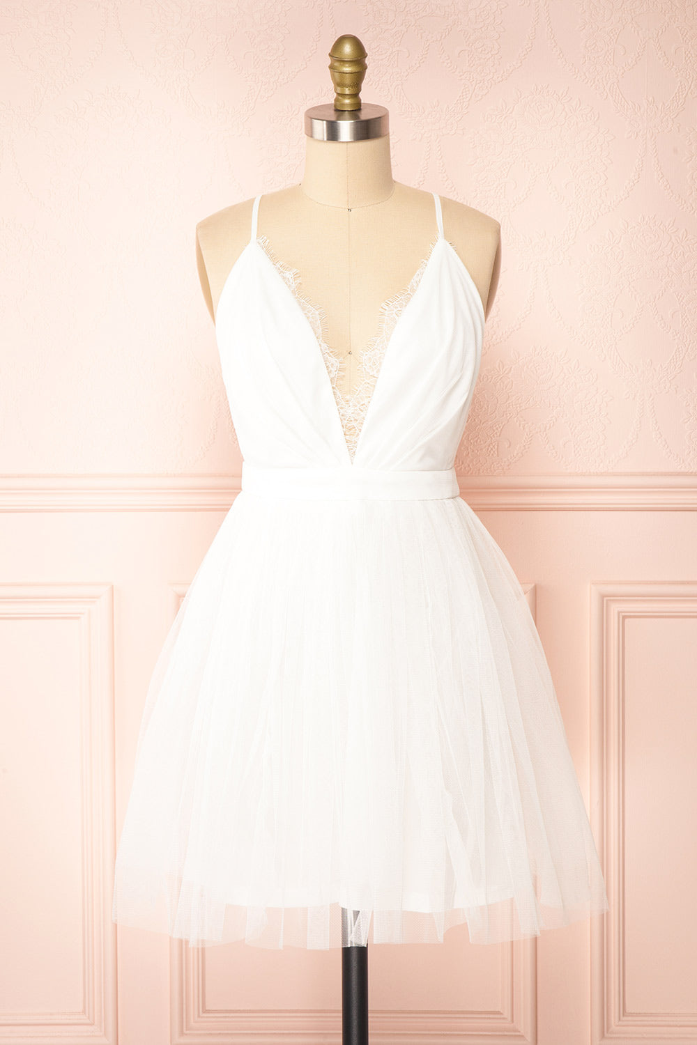 Tessa Ivory Short Tulle Dress w/ Plunging Neckline | Boutique 1861  front view