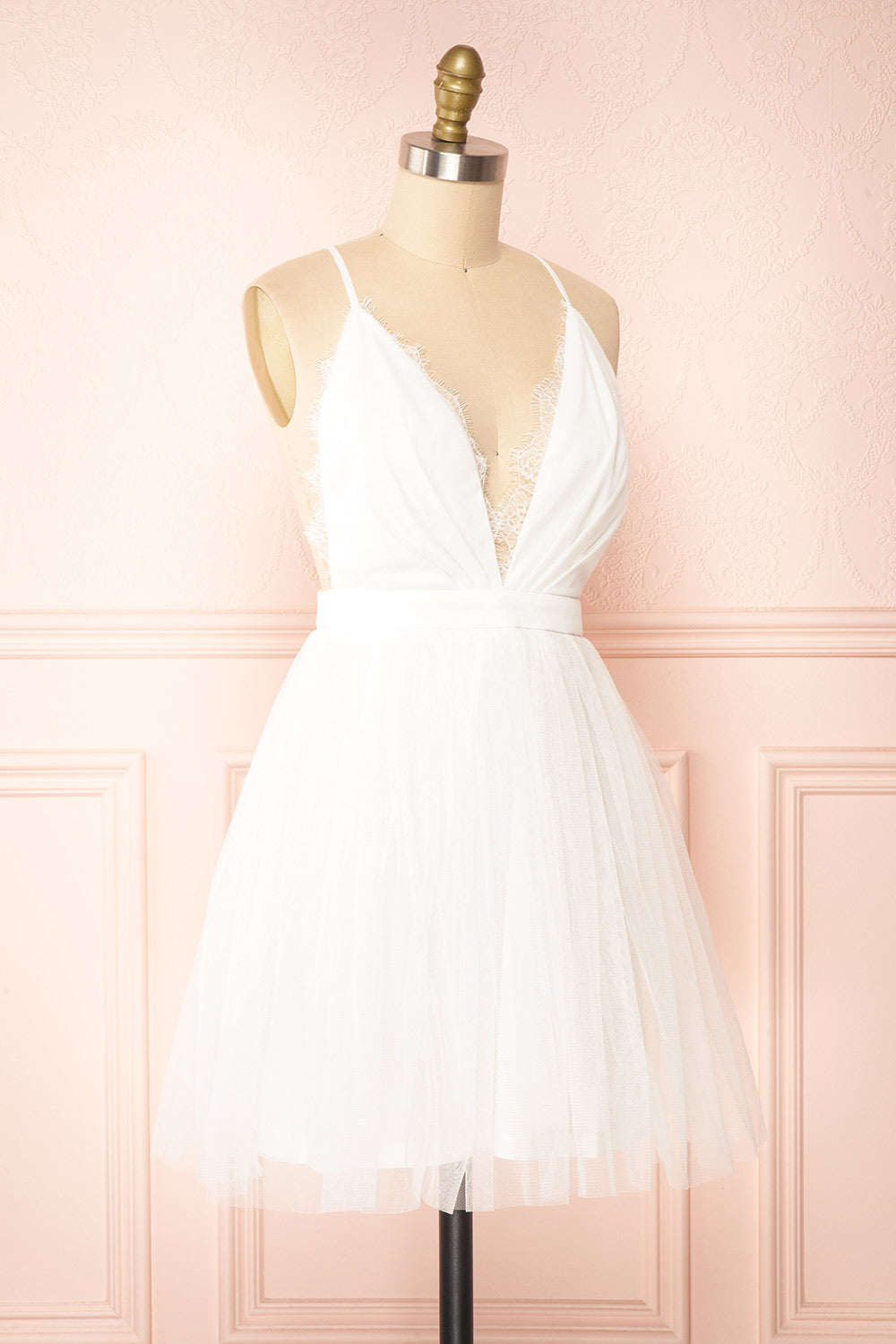 Tessa Ivory Short Tulle Dress w/ Plunging Neckline | Boutique 1861  side view