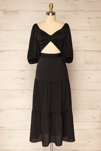 Tessara Tiered Black Midi Dress w/ Front Cut-Out | La petite garçonne front view