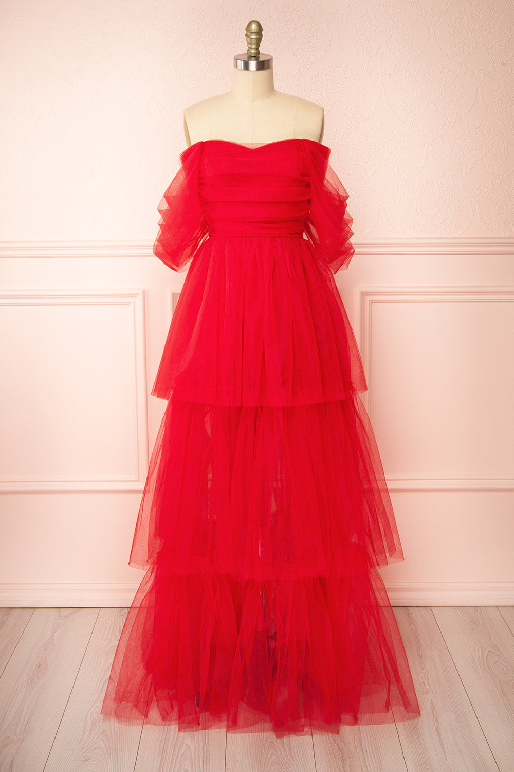 Thecia Red Tulle Tiered Maxi Dress | Boutique 1861 front view