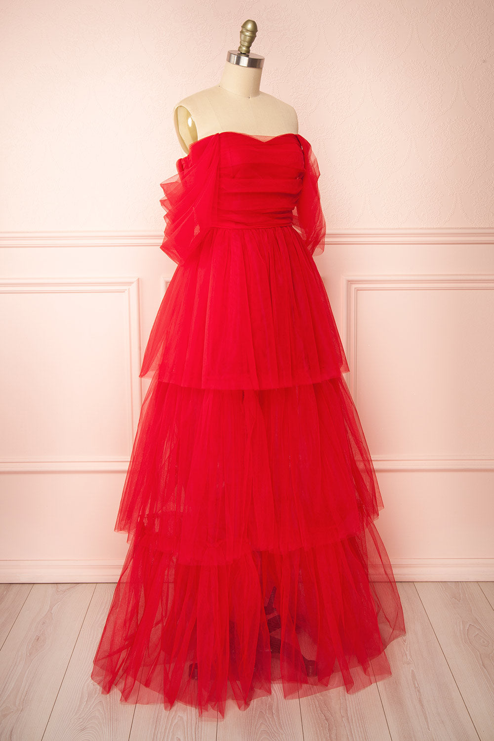 Thecia Red Tulle Tiered Maxi Dress | Boutique 1861 side view