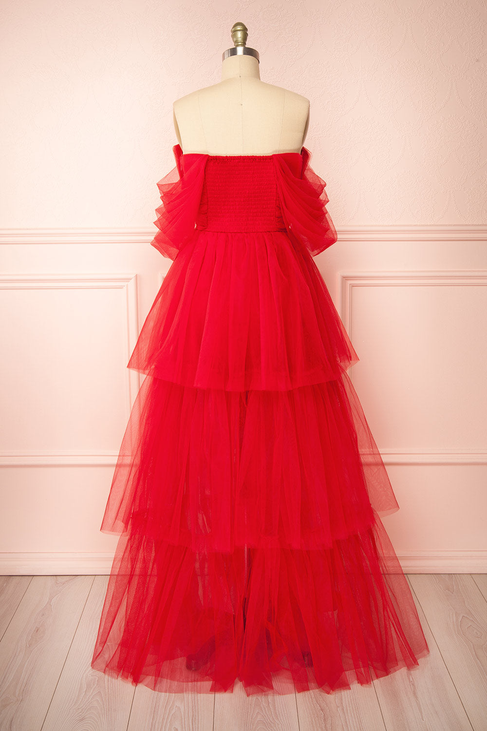 Thecia Red Tulle Tiered Maxi Dress | Boutique 1861 back view