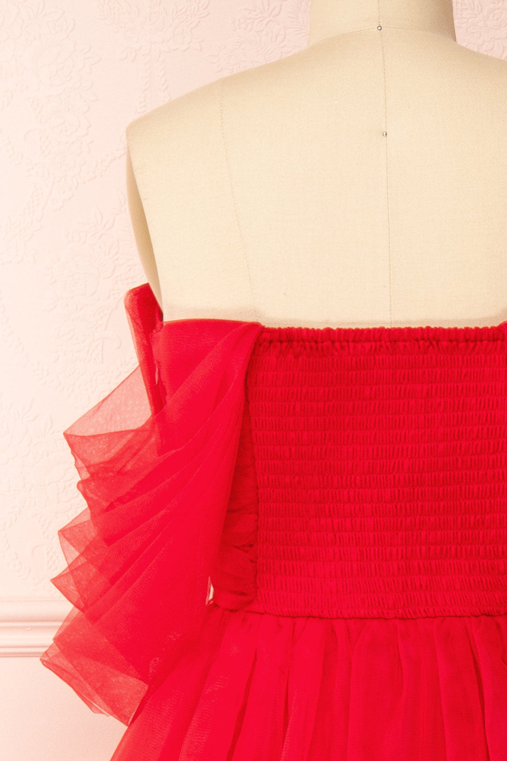 Thecia Red Tulle Tiered Maxi Dress | Boutique 1861 back close-up